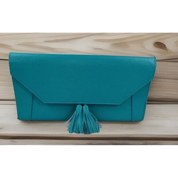 Chi Turquoise Blue 13" Leatherette Evelope‎ Tassels Clutch Hot Iron Case - Picture 1 of 7
